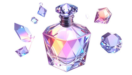 Iridescent perfume bottle surrounded by sparkling jewel-like fragments