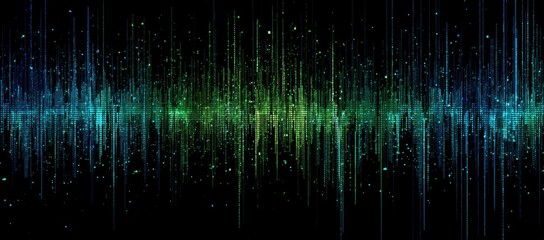 An abstract image featuring vertical lines in a spectrum of blues, greens and a black backdrop