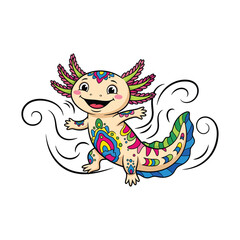 Vibrant axolotl illustration with colorful patterns and swirling water elements