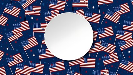 An oval white frame is centered on a vibrant background of repeating american flags and scattered stars