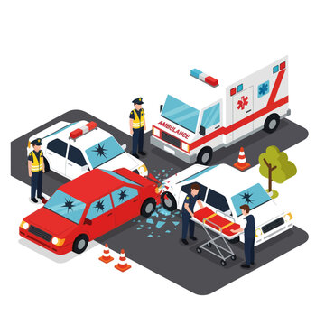 Emergency responders at car crash scene illustration.