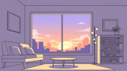 Fototapeta premium sunrise modern living room with beutiful scenery
