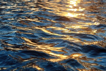 Close-up of water's surface, reflecting sunlight with dark blue and golden-yellow hues