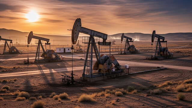 Pump Jack Oil Extraction Mining Machine at Petroleum  Fosil Fuel Energy Crude Oil Mining Field Industry Photo