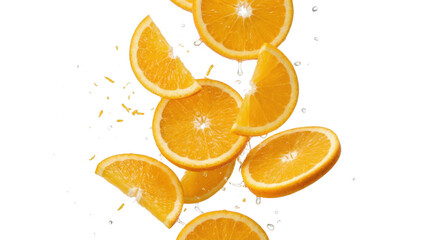 set of floated slices of orange falling isolate on withe background with orange, citrous, food, isolated, fresh, fruit, slice