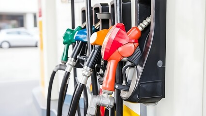 A close up view of multiple fuel nozzles at a gas station ready for vehicle refueling