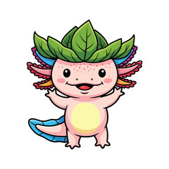 A cartoon axolotl with a smiling face and colorful gills standing on its feet in a white background