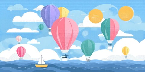 Colorful hot air balloons float over a wavy sea, a small sailboat drifts under clouds