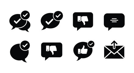 Collection of black speech bubble icons displaying feedback and communication a striking silhouette