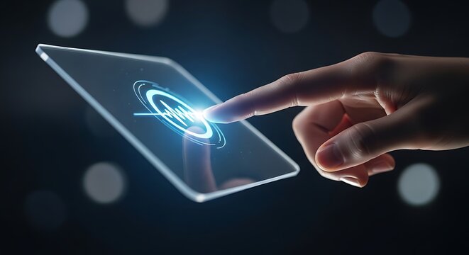 Finger touching minimalist transparent tablet screen displaying glowing heartbeat rhythm wave interface symbol - Powered by Adobe