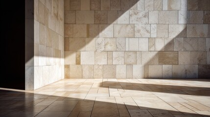 Interior View of a Modern Space with Natural Light Casting Shadows on Contemporary Stone Wall and Floor Textures for Architectural Design or Real Estate Use