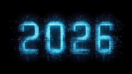 Neon blue digital display of "2026" on black background, representing future time
