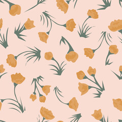 Tiny orange flower blossoms with leaves and stems as a minimalist botanical pattern in colors of orange, cream and green on pink background. Floral seamless vector pattern. Great for home decor, gifts