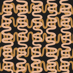 Hand drawn wiggly waves horizontally and vertically, forming a stripes pattern in colors of peach and brown on black background. Abstract geometric seamless vector pattern. Great for home decor, gifts