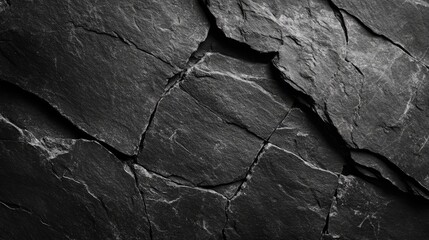 Black rock texture. Rough mountain surface with cracks. Close-up. Granite stone background with space for design