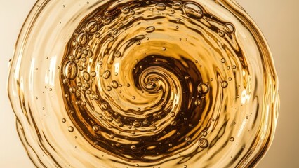 Abstract golden liquid spirals into a central point, bubbles and movement visible