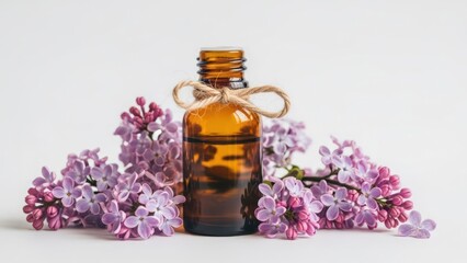 Amber glass bottle tied with twine, nestled in front of purple lilac blossoms on a white backdrop