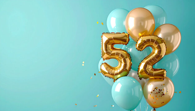 Gold number balloon bouquet, pastel blue and gold latex balloons, confetti, and minimal party backdrop create festive, cheerful atmosphere for 52nd birthday or anniversary celebration