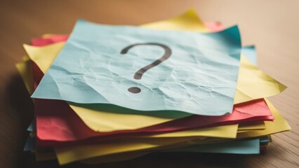 Close-up of colorful sticky notes stacked, a question mark on top, wood background