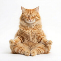 Fototapeta premium Orange tabby cat sitting in meditation pose with eyes closed and peaceful expression on white background