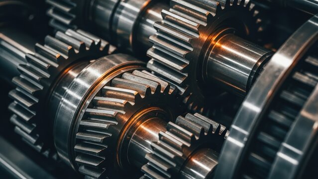 Close-up of interlocking metal gears, showcasing intricate teeth and mechanical details