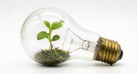 Small green plant growing inside a clear light bulb with soil, representing eco-friendly innovation, sustainability, and green energy concepts.