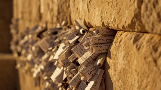 Close-up of prayer notes tucked into the cracks of the Western Wall in Jerusalem, a sacred Jewish site.