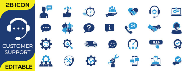 Customer support and service icon set featuring help desk, call center, technical support, teamwork, communication, settings, chat, phone, and assistance symbols. Ideal for websites, apps, business pr