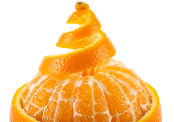 Partially peeled tangerine with spiral zest on top isolated on transparent background