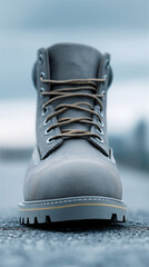 Close-up of a rugged hiking boot on wet ground with shallow depth of field, outdoor footwear detail for trekking, adventure travel, durability, safety and active lifestyle themes.