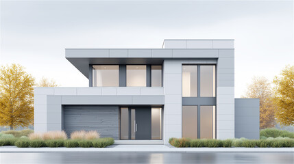 Contemporary minimalist house with clean geometric lines, large windows and landscaped yard, modern architecture exterior for premium real estate, sustainable living and design trends.