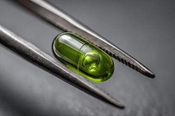 Macro shot of a single green liquid-filled capsule held delicately by surgical forceps