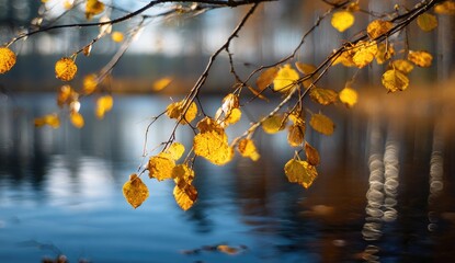 Close-up of bright yellow autumn leaves on a branch over calm, blurred water