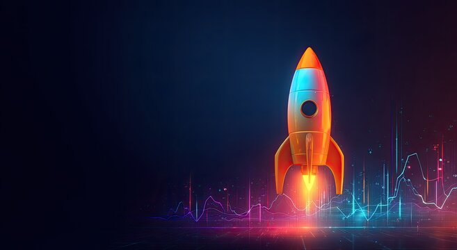 Cartoon rocket soaring upwards, set against a dark blue background with glowing lines