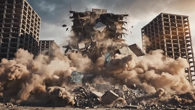 Urban Building Demolition: Explosive Collapse with Massive Dust Cloud and Debris