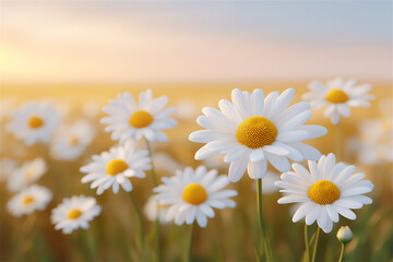 Sunlit field of white daisies with warm golden bokeh, cheerful spring and summer floral background conveying freshness, happiness, and natural beauty for greeting cards and design with copy space.