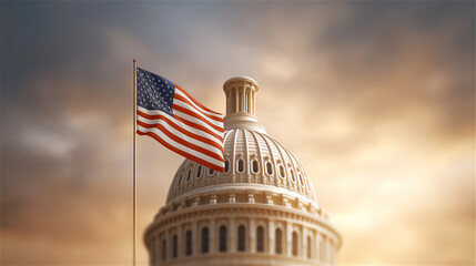 United States Capitol dome with American flag under dramatic sky, iconic government landmark representing democracy, politics, and national leadership for editorial, news, & civic communication themes