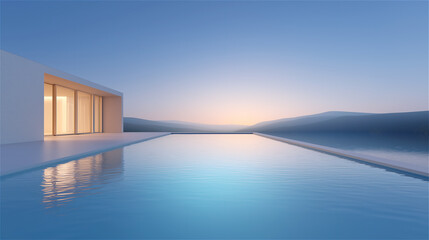 Minimalist modern villa with an infinity pool reflecting the blue-hour sky, overlooking a calm coastline. Luxury travel and contemporary architecture concept with clean copy space.