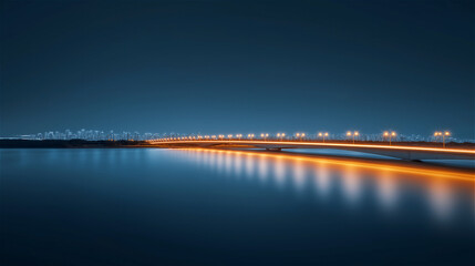 Night bridge with glowing light trails reflected on dark water, captured in long exposure. Urban infrastructure, motion, and modern city travel concept with copy space.
