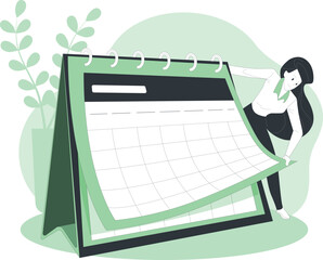 Woman Organizing Schedule on Calendar with Green Leaves in the Background