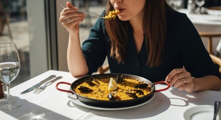 Woman enjoying paella in a sunny cafe