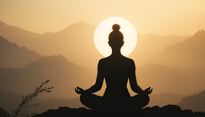 Meditating Woman Silhouette With Glowing Sun Aura