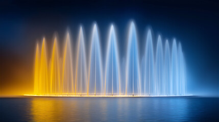 Colorful illuminated water fountain jets at night with blue and yellow lights, abstract celebration background for entertainment, city landmark, festival atmosphere and nightlife with copy space.