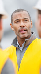 Portrait of an adult man in a yellow high-visibility safety vest outdoors, looking aside with focused expression, representing construction management, workplace safety, and leadership.