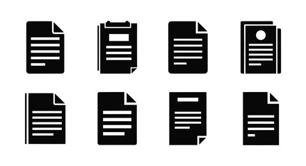 A collection of black document icons presented in a simple minimalist style silhouette