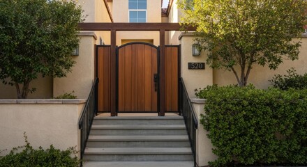 Wooden gate, beige walls, steps