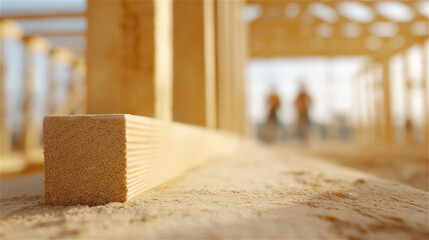 Wooden beam on a construction site with workers blurred in background, highlighting building materials, carpentry craft, project progress, and real estate development.