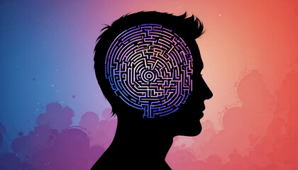 Human Head Silhouette With Glowing Maze Brain Concept
