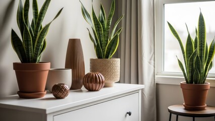Fototapeta premium Indoor scene showcasing snake plants, various vases on a white cabinet, and a window