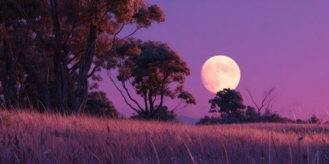 A landscape at twilight with grass, trees, and a full moon in shades of purple and pink